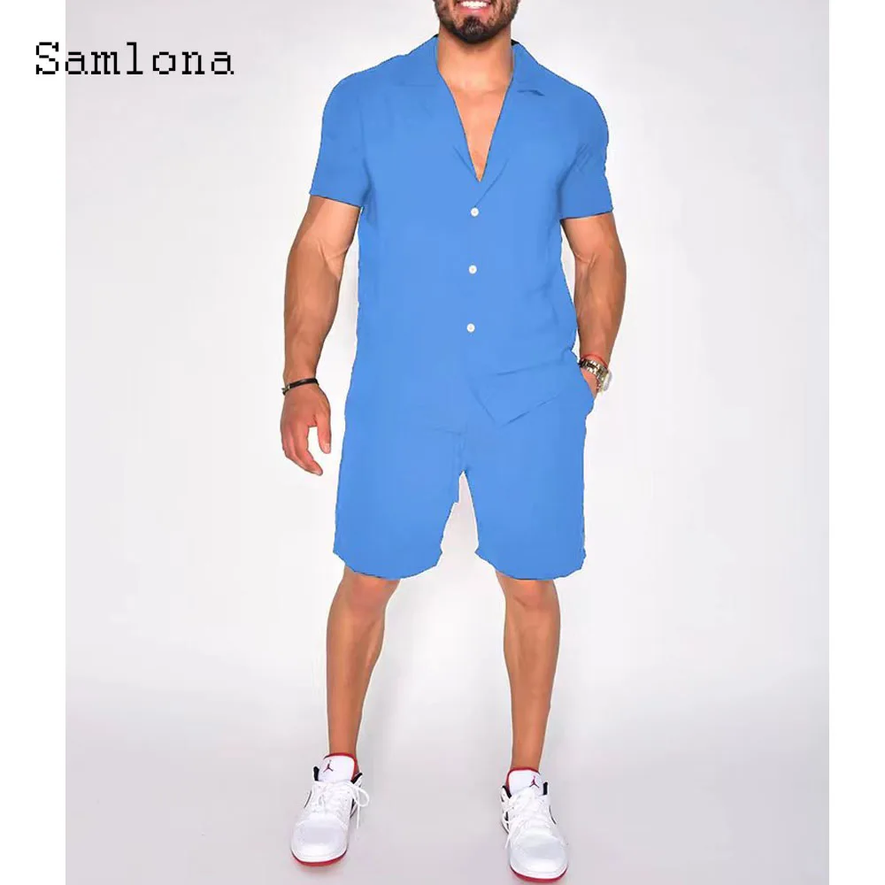 Samlona Plus Size Mens Casual Two Piece Sets 2024 Single Breasted Tops Blouse and Pocket Shorts Suit Male Beach Tracksuits Set