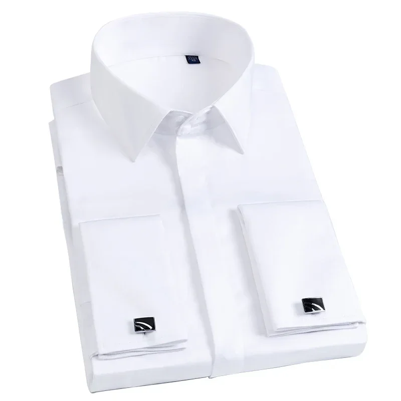 Men's French Cuff Dress Shirt Slim Fit Covered Button Cotton Male Party Wedding Tuxedo Shirts High Quality with Cufflinks