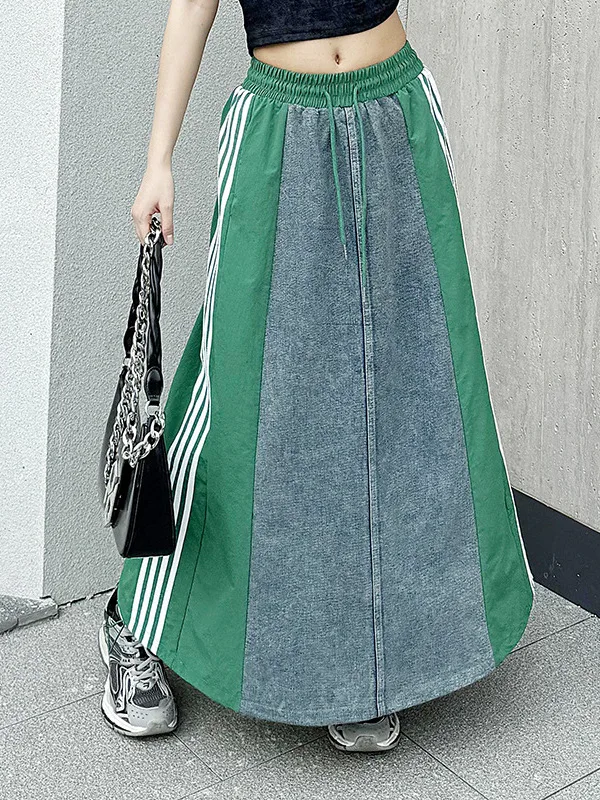 

Retro Patchwork Denim Skirt High Waist A-Line Long Skirt White Stripes Decorative Stitching Street Sle Polyester Fiber