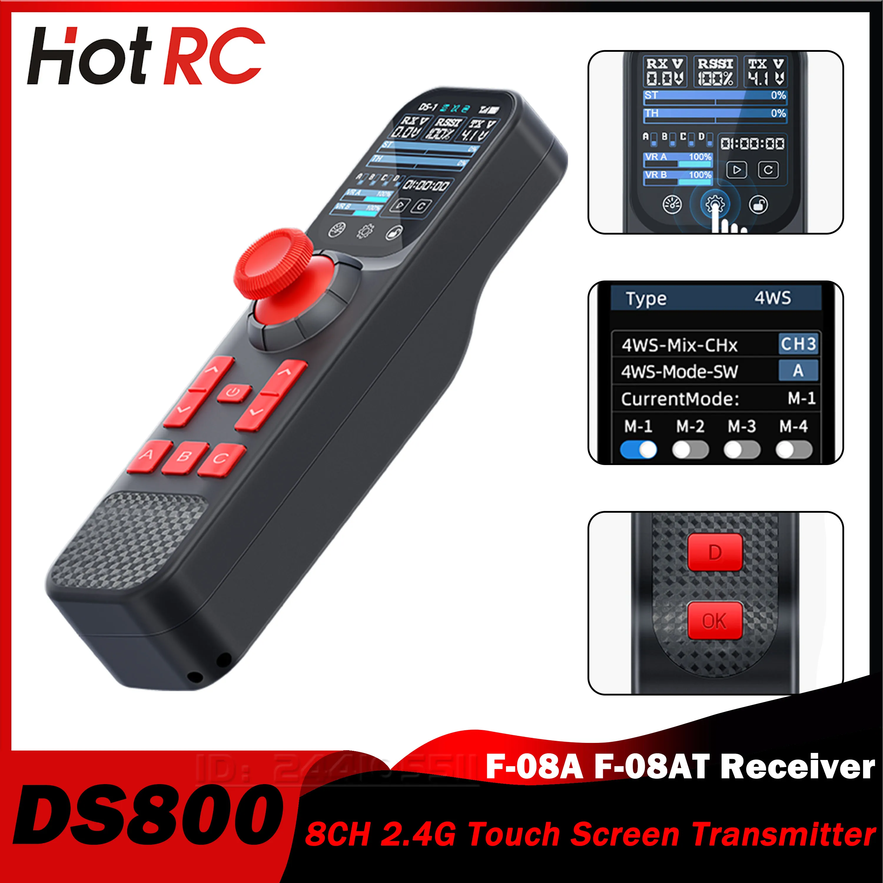 HOTRC DS800 8CH 2.4G RC Boat Touch Screen Remote Controller Transmitter F-08A F-08AT PWM Receiver Voltage/Signal Return Tank Car