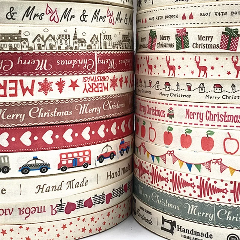 5 yards 15 mm Christmas cotton ribbon Hand-designed printed cotton ribbon DIY Christmas party gift wrapping supplies