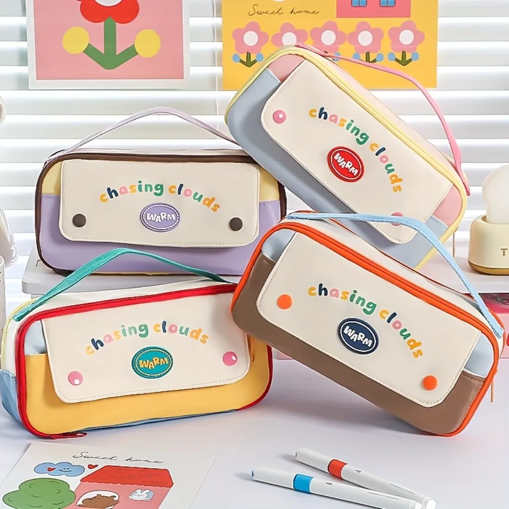 Fashionable Dopamine Contrast Color Pencil Case Handheld Large Capacity Multi-functional Student Stationery Bag Layered Design