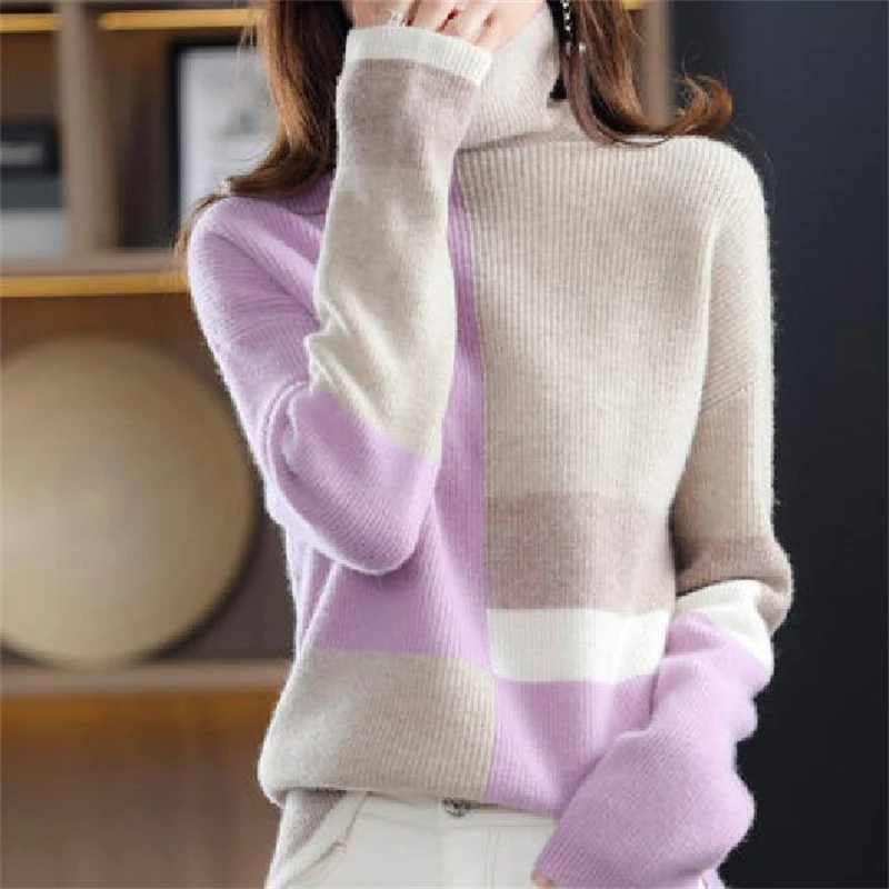 Women Trendy Contrast Color Turtleneck Soft Warm Knitted Sweaters Autumn Winter Casual Long Sleeve Loose Pullover Tops Jumpers