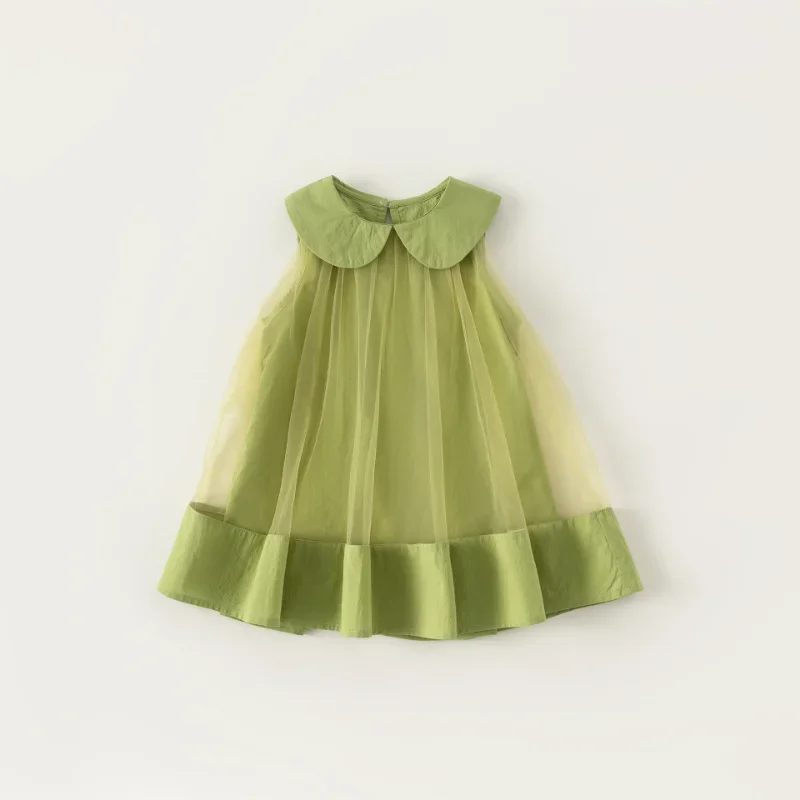 New Summer Baby Girl Party Dress Peter Pan Collar Mesh Patchwork Sleeveless Vest Princess Dresses Sweet Children Clothing E23079