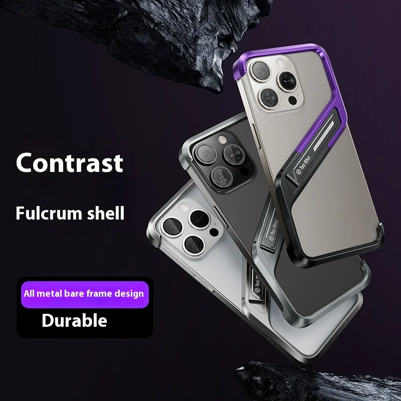 For iPhone 15 14 Pro Max phone case metal geometric pivot lightweight borderless with S type bracket phone protective case