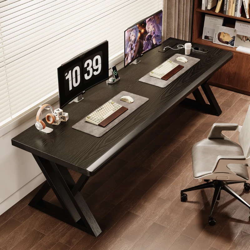 Black solid wood large board e-sports table couple e-sports room double desktop computer table workbench desk long table