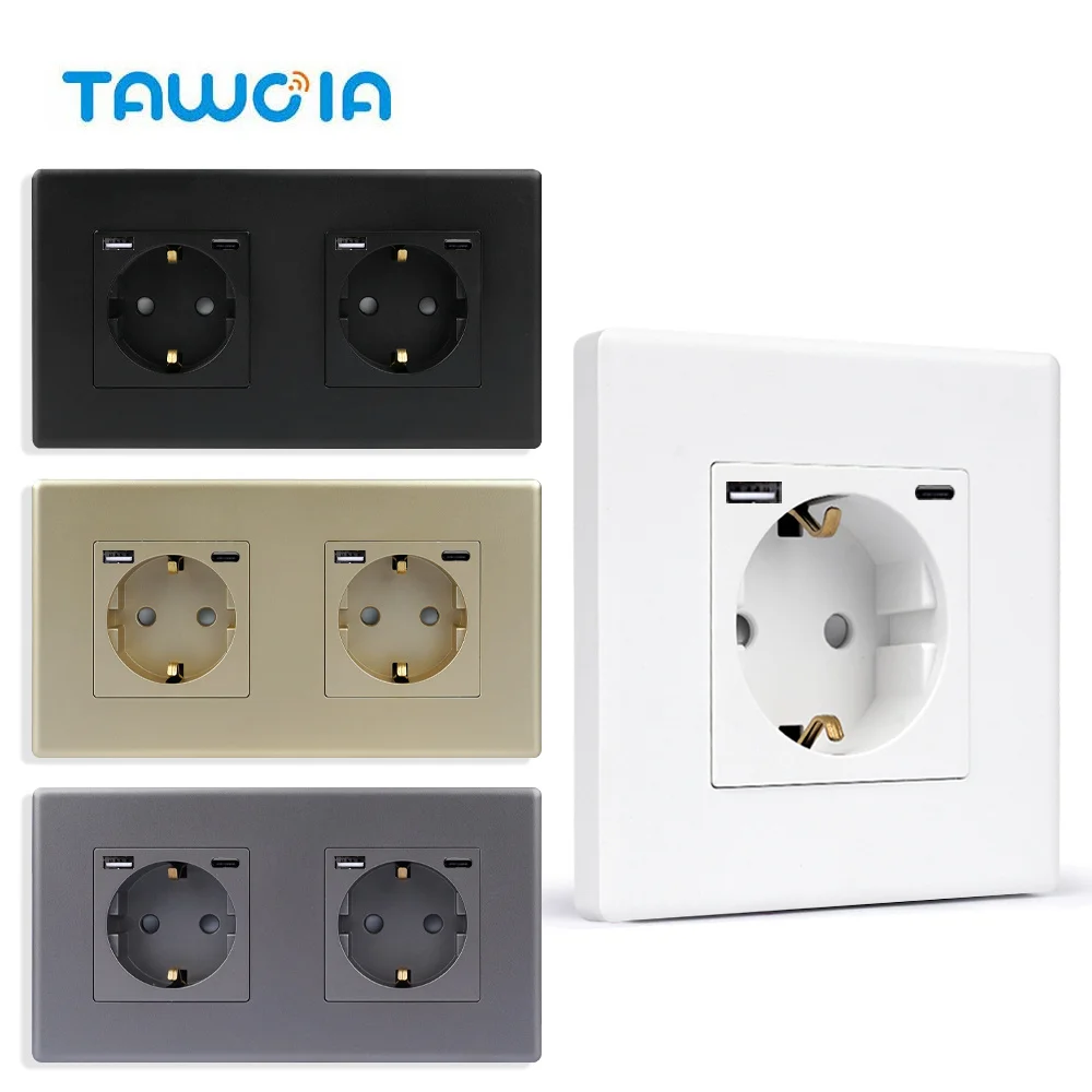 

TAWOIA EU Sockets Power Socket 16A USB Outlet Type-C Charging Triple Wall Socket PC Frame Wall Mounted With Safety Door 110-250V