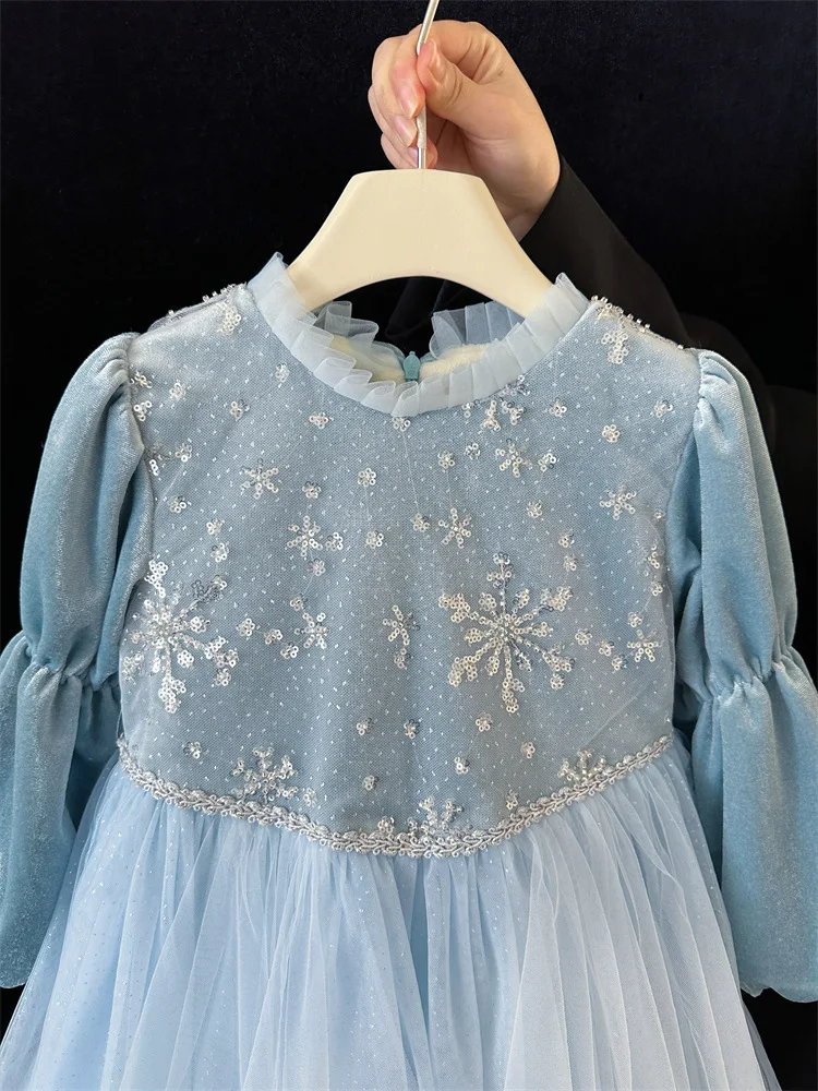 Mädchen Herbst Winter Mesh-Schleifen-Prinzessinnenkleid Kinder Schüler Paillettenkleid, Baby Warmes Puffkleid Kinder Lässiges Urlaubs-Party-Outfit – Detail 7