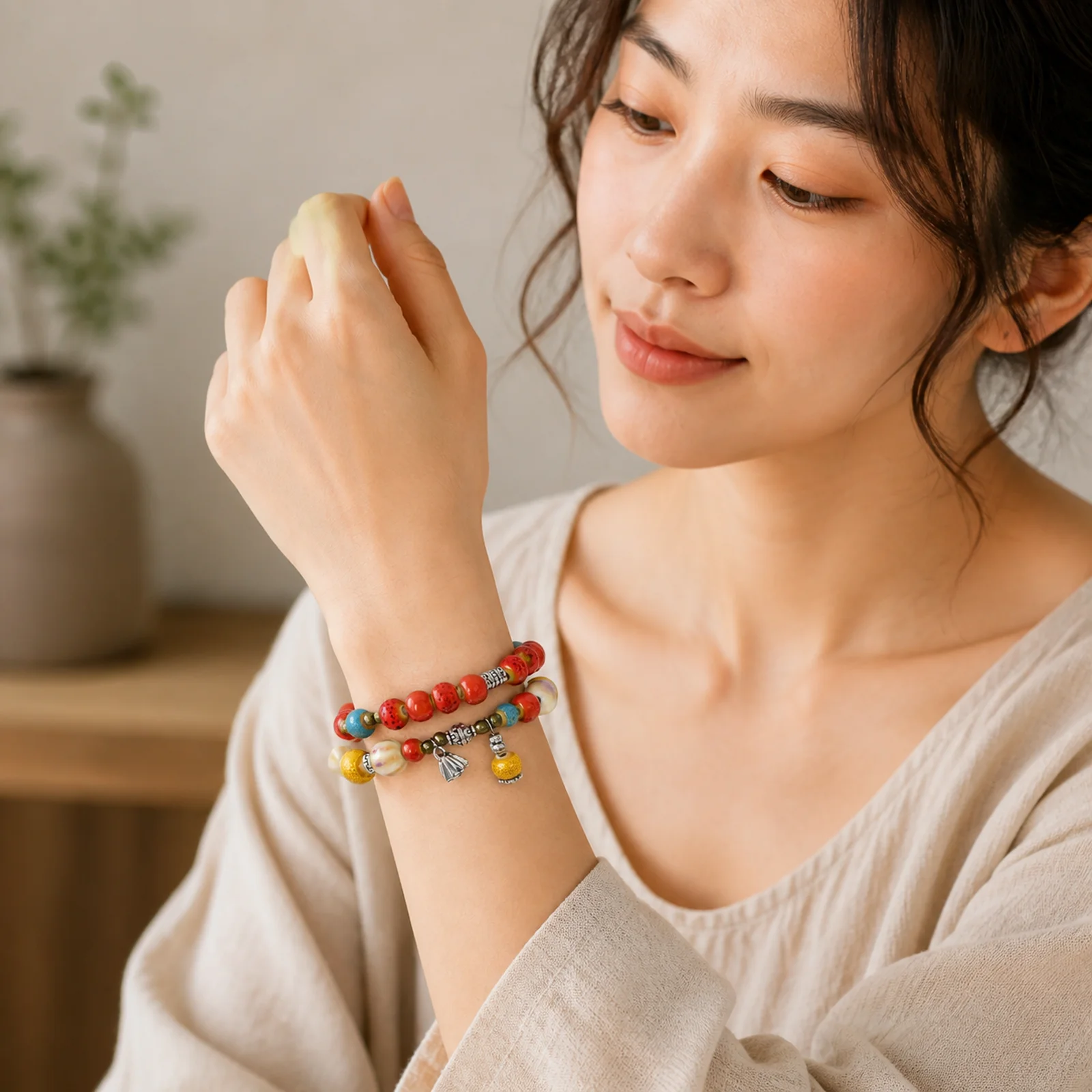 Ceramic Bead Lotus Seedpod Handmade Double Layer Bracelet Elastic Cord Handwoven Metal Accent Jewelry 608P12-07