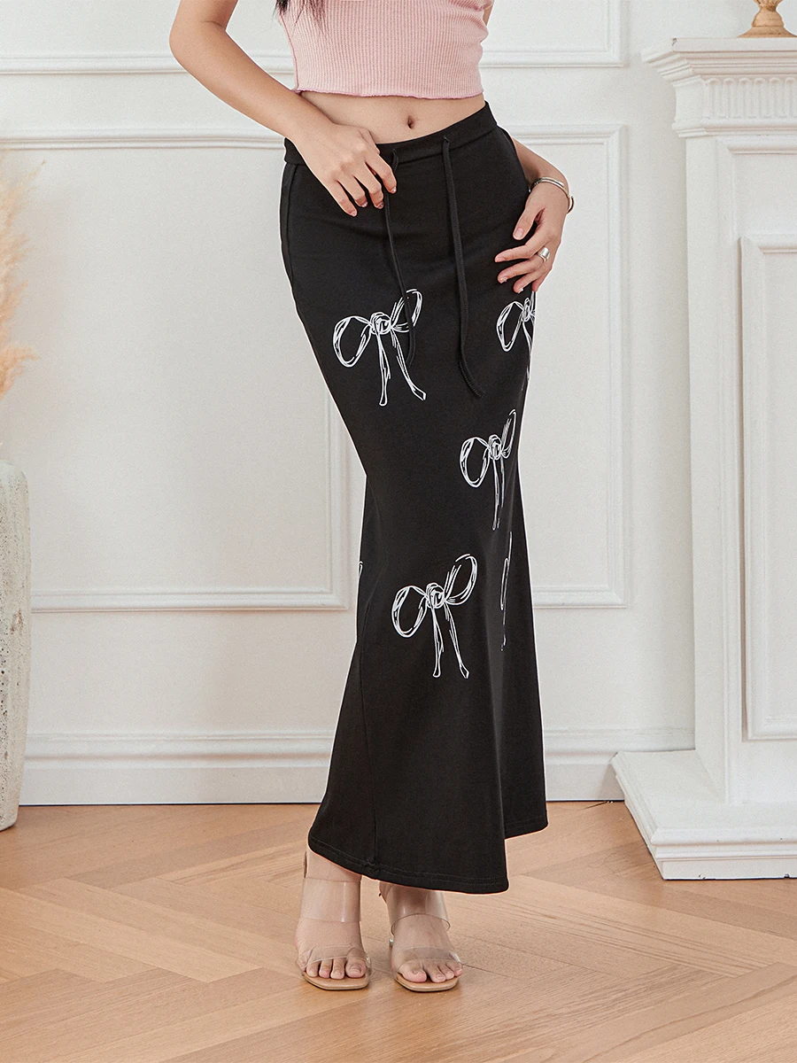 

Women Y2k Bow Long Skirt Cute Print High Waist Drawstring Wrapped Maxi Skirt 2024 Trendy Fairy Going Out Streetwear