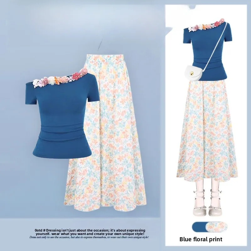 

Summer 2026 Women's Floral Print ort Sve One oulder T-irt And Midi Skirt Two Piece Set Slimming Effect Casual Faion