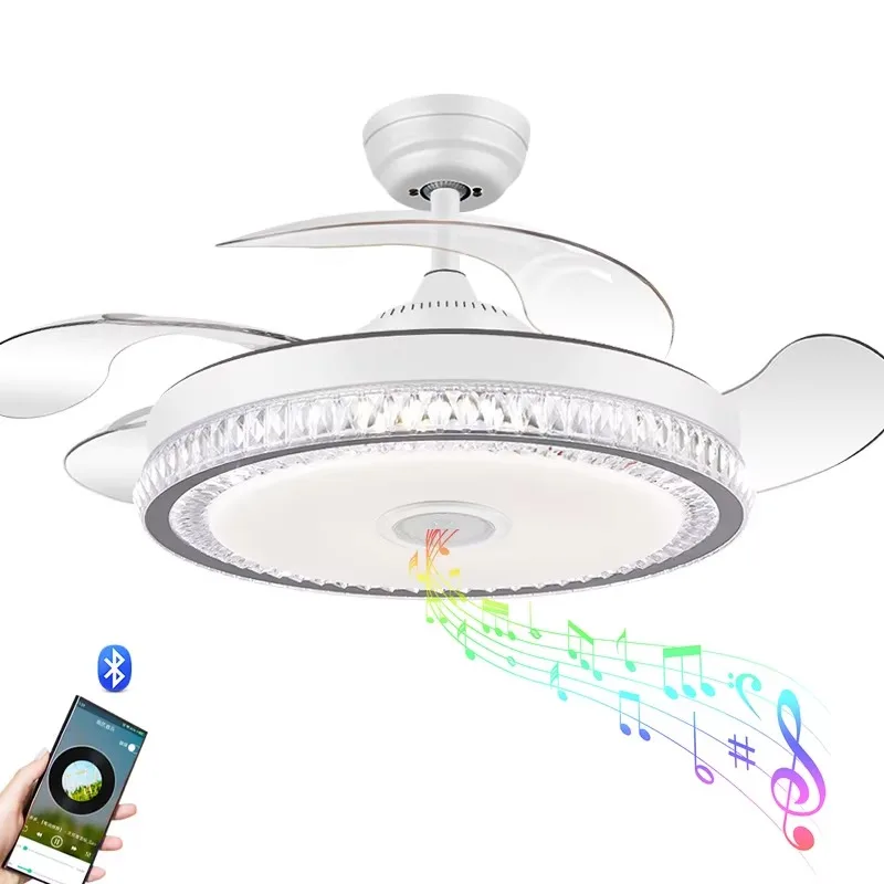Modern living room fan light with a gold white 42-inch ceiling fan and a lamp with speakers