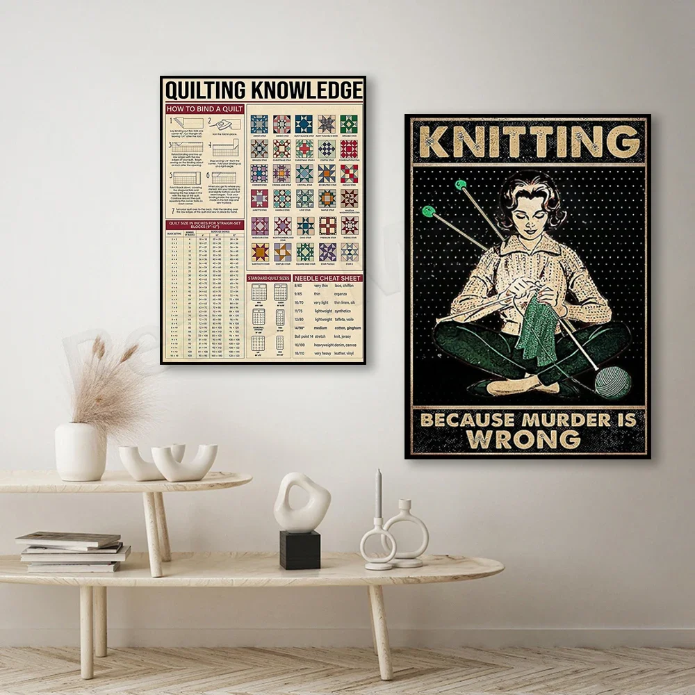 Sewing Quilting Knowledge Poster Fun Knitting Print Art Vintage Yarn Theme Decor for Craft Enthusiasts And Knitting Women