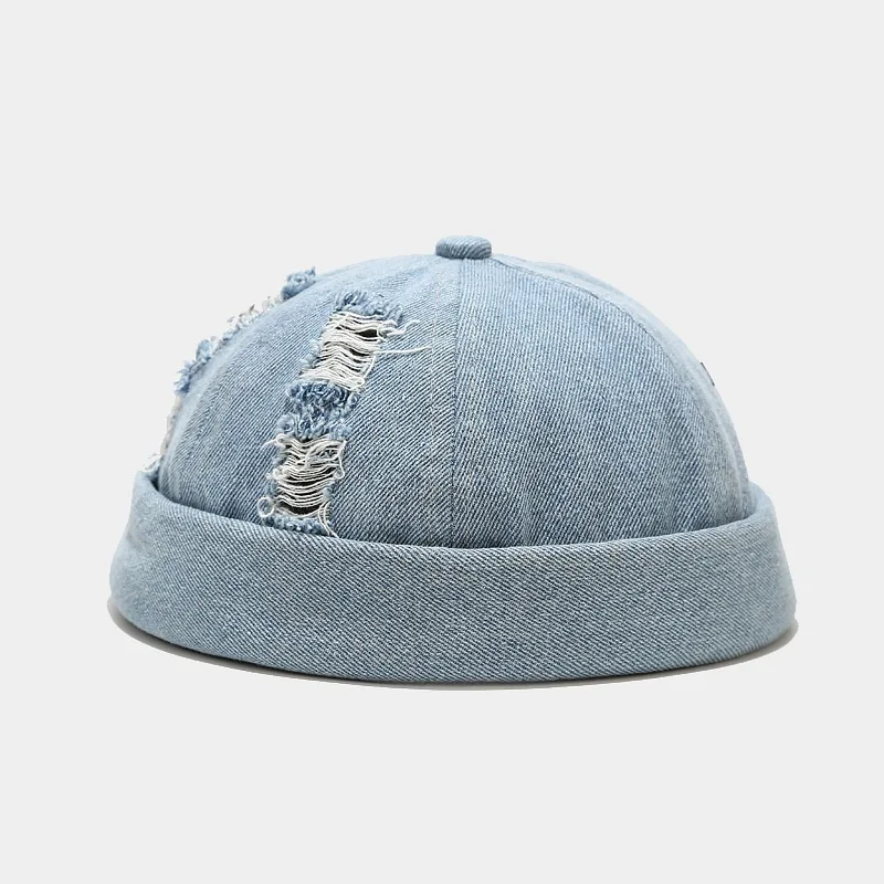 Men's Denim Frayed Cap with Rolled Brim - A Classic and Stylish Piece That Suits Both Daily Commuting and Outdoor Activities.
