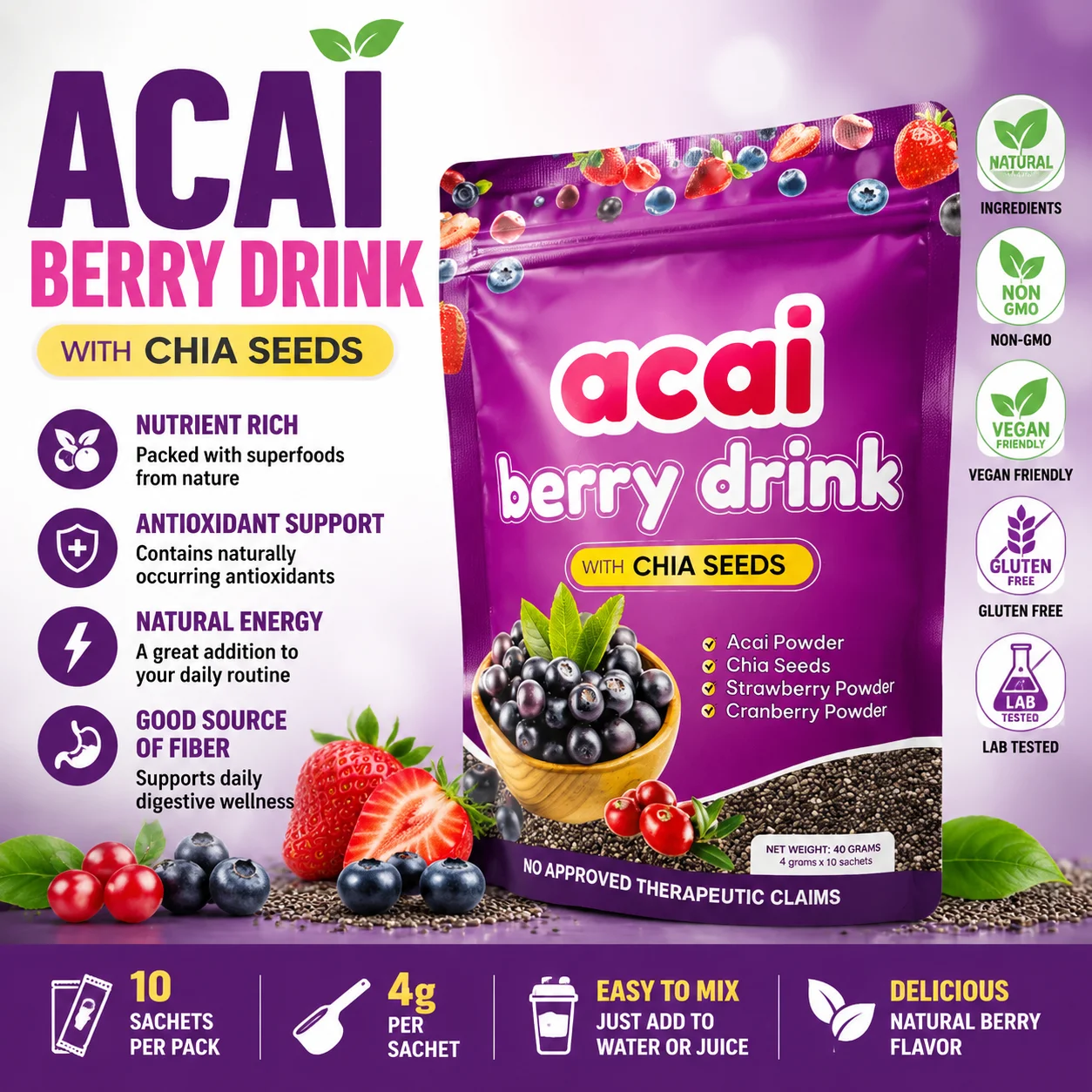 Acai Berry Drink Powder with Chia Seeds, 10 Sachets Berry Blend Beverage Mix for Daily Wellness Smoothies Yogurt Drinks Mix