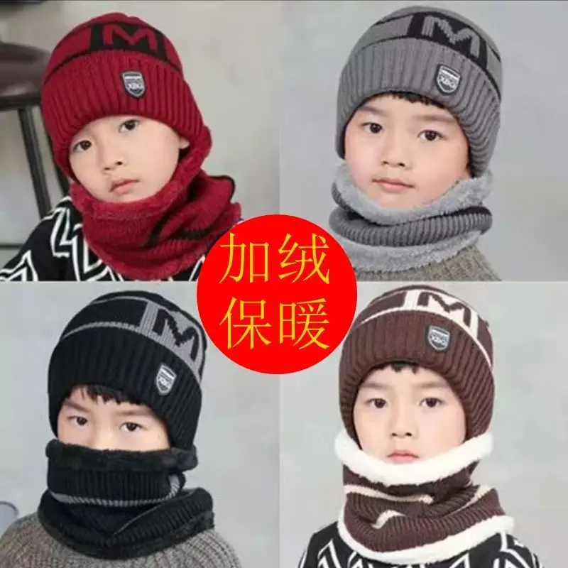 

Children's Hat Autumn Winter Boys Knitted Hat Korean Style Winter Warm Fleece Windproof Ear Protection Scarf Hat Set Trendy