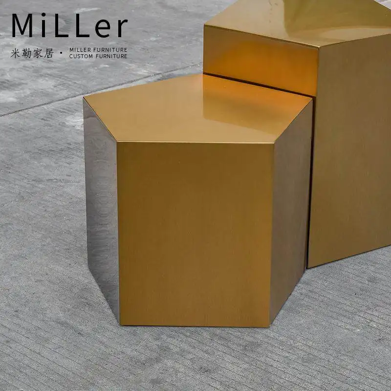 Simple stainless steel brushed electroplated geometric cube pentagonal small coffee table, simple design combination coffee