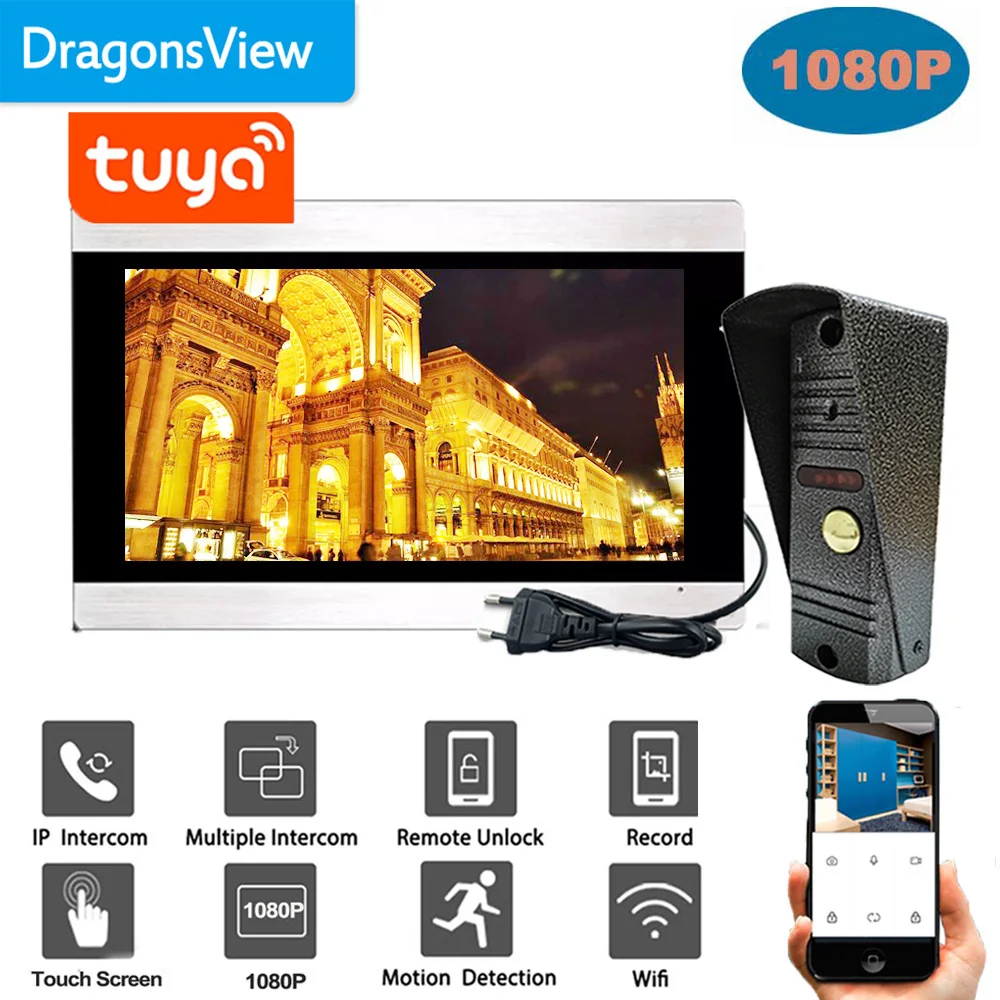 Dragonsview-Wireless Home Intercom Sistema de Segurança, Tuya CCTV Camera, campainha ao ar livre, Touch Screen Record, WiFi, telefone da porta, 1080p