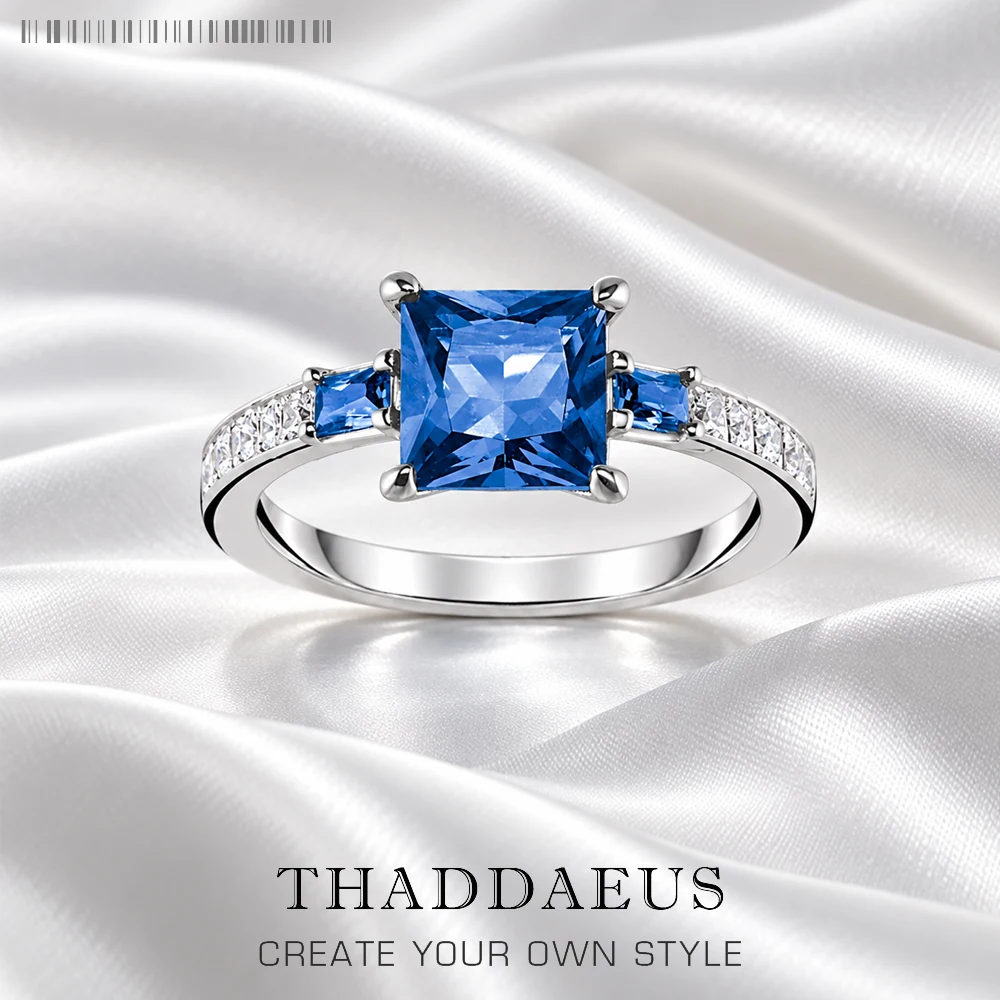 Cocktailring mit quadratischen blauen und weißen Steinen, klassischer feiner Schmuck im europäischen Stil für Frauen, neues Geschenk aus 925er Sterlingsilber