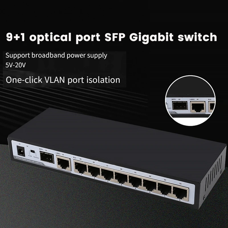 

10Ports Gigabit Switch Ethernet Splitter Smart Network Switcher 9X1000mbps Rj45+1X1000mbps Sfp Port Rj45 Hub