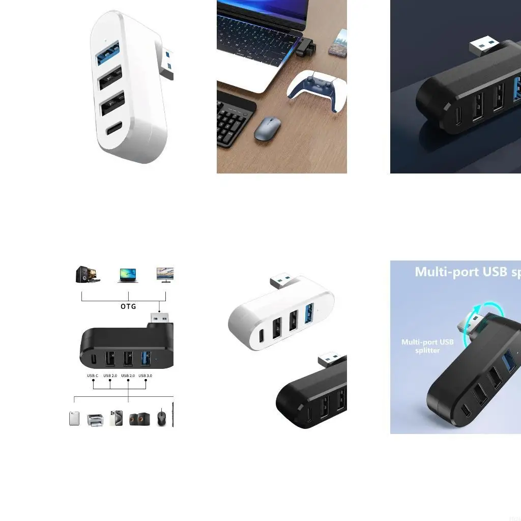 193A 4 Port USB Hub USB Splitter Powered Data Port 180 Degree Rotatable USB Extender for PC Keyboards Laptop Printer Mouse