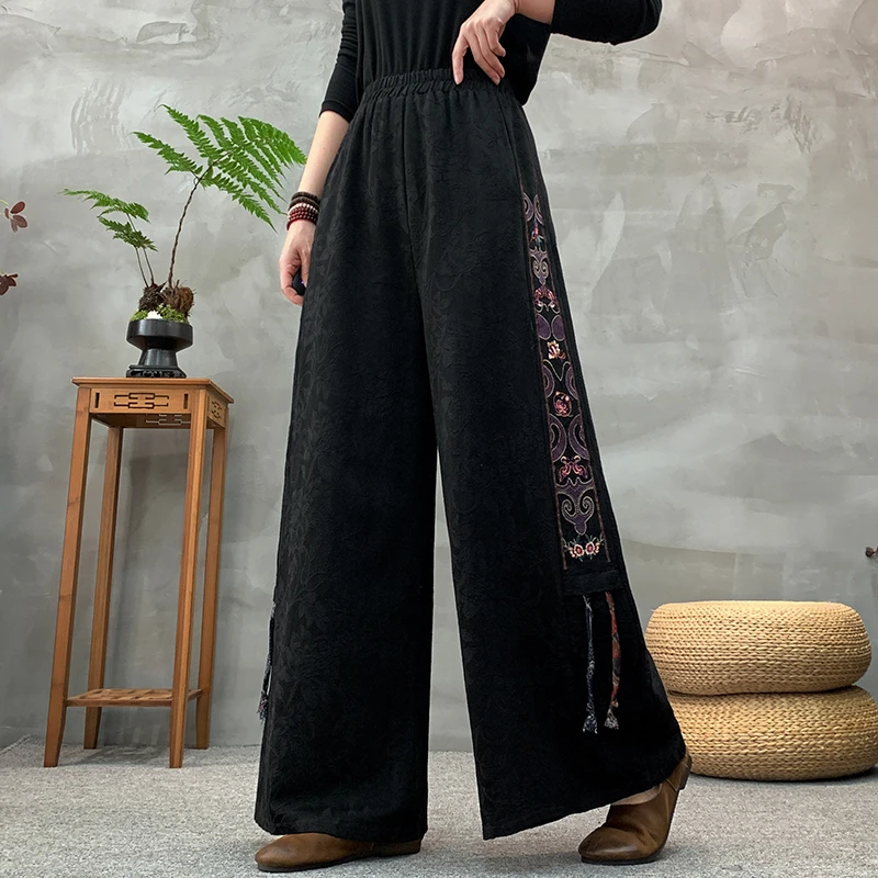 Calças Es de Linho de Aodão Bordadas com Pernas Largas para Mulheres, Calças Casuais de Cintura Alta, Estilo Novo Co...