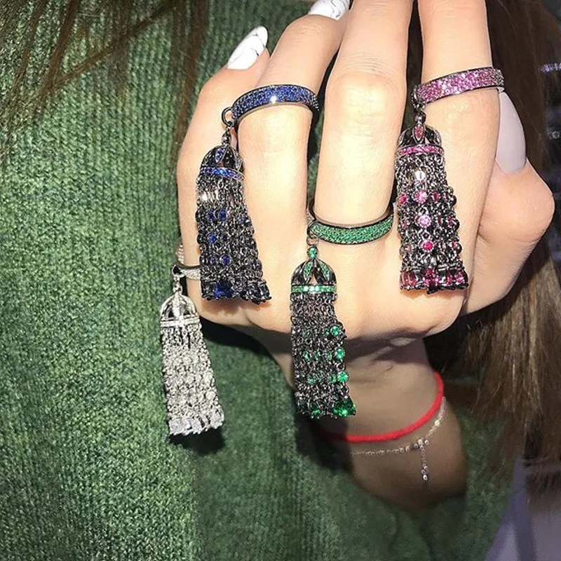 SLJELY Luxury 925 Sterling Silver Jewerly Colorful Tassel Crystal Finger Ring with White Red Blue Green Zircon Stones Women Girl