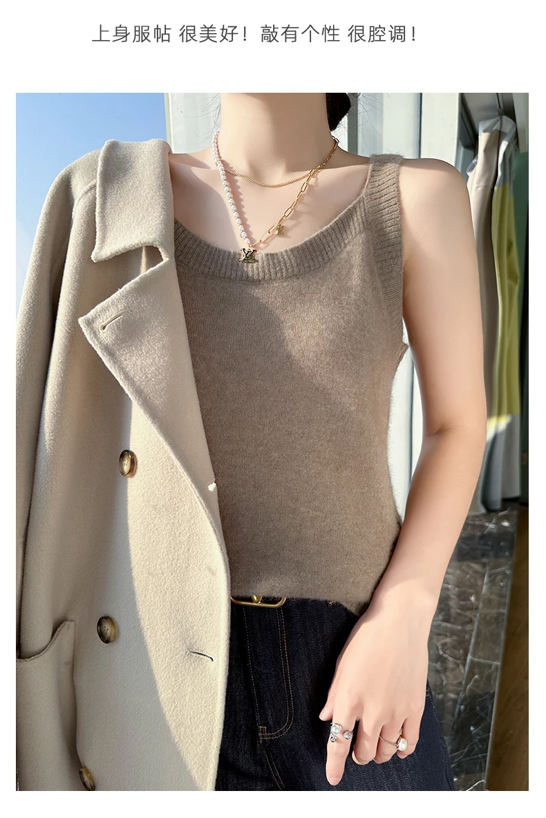 Fengbaoyu Autumn Winter Ladies 100% Pure Cashmere Halter Vest Crewneck Delicate Slimming Short Knitted Base Shirt Free Shipping