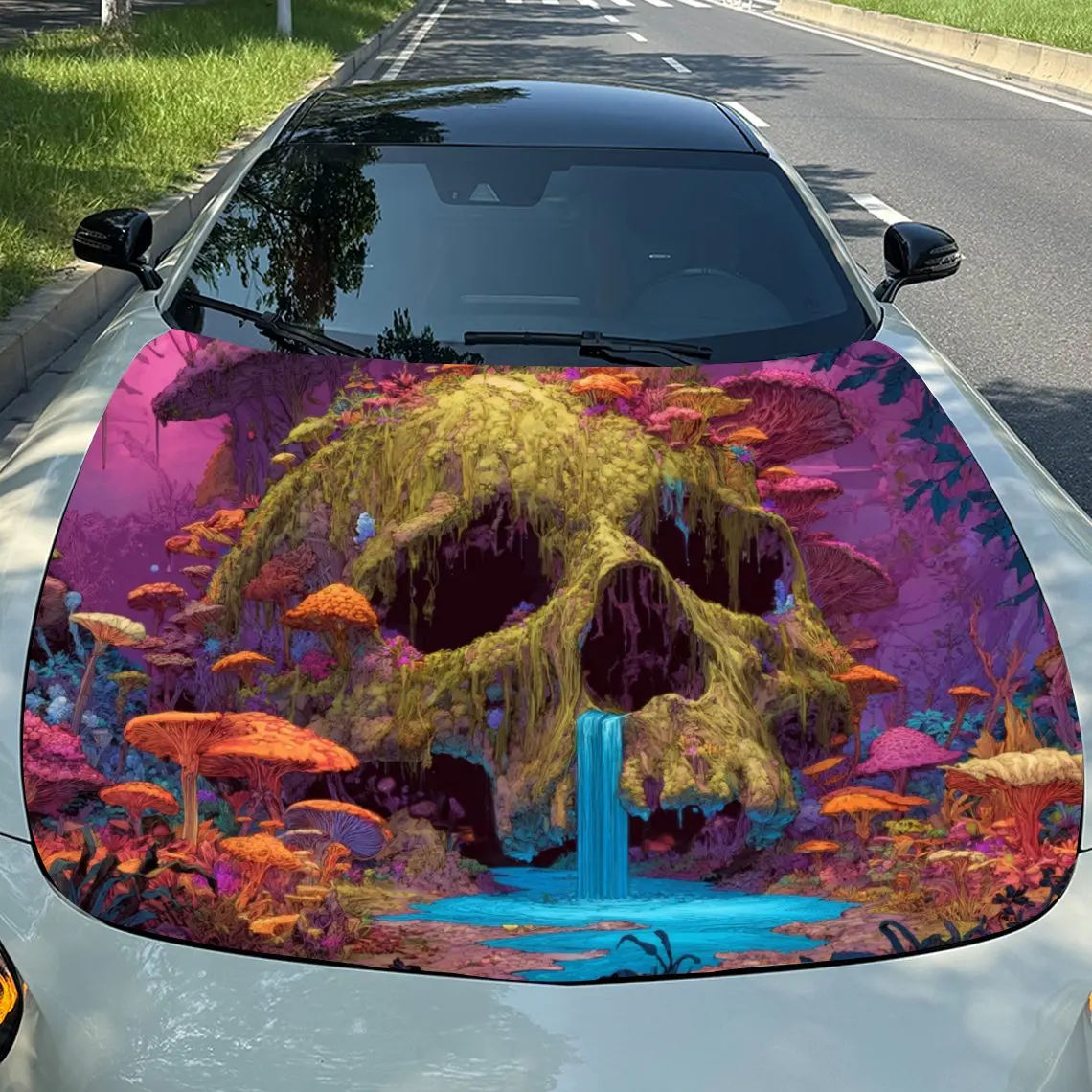 Mushroom Vine Skull Waterfall Car Hood Sticker - Fit Removable Automotive Accessory Durable High-Quality Material - Perfect Gift
