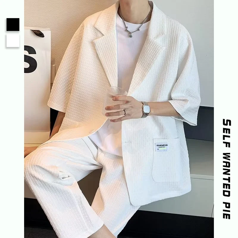 

Summer Suit Men Two-piece Set Short Sleeved Single Breasted Blazer Solid Casual Suit Pants Korean Fashion Conjunto Masculino