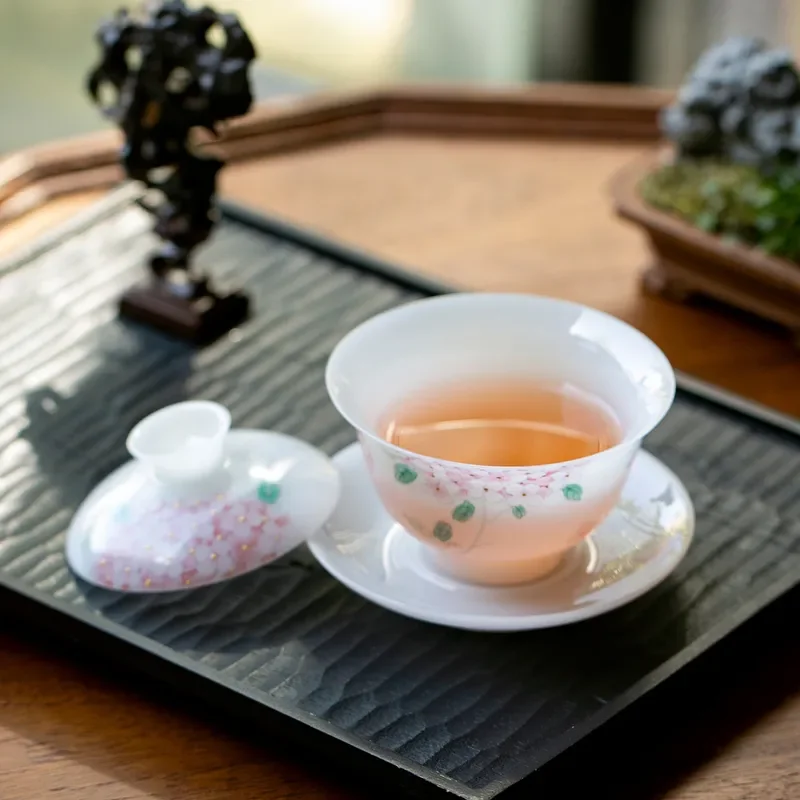 Hand Painted Sancai Lidded Tea Bowl Thin Jade Porcelain Cup Anti Scalding Household Light Luxury Chinese Style Teaware for