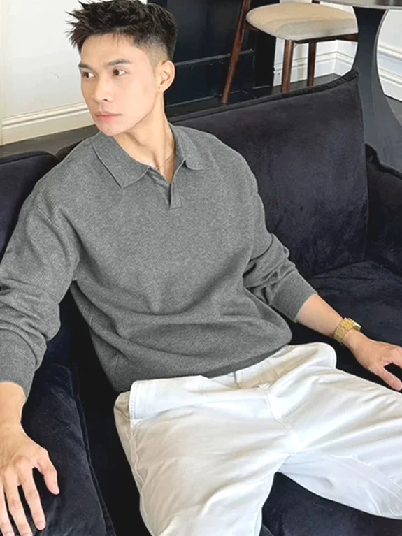 

Men's Slim Fit Long Sve Knitted irt Wool Core Yarn Sweatirt Sea Eagle Collar Light Weight Breathable Faionable