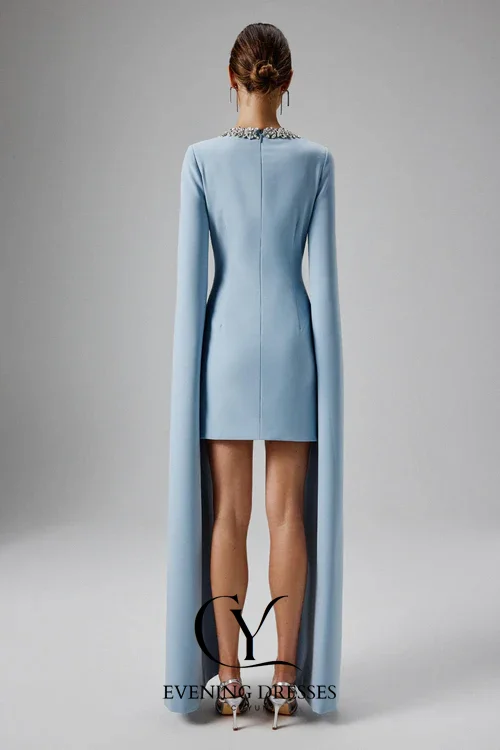 CUYUN 2025 جديد الأزرق كيب الأكمام فساتين صغيرة النساء فستان حفلات سكوب طوق الديكور الفاخرة النساء فستان الحفلات للمناسبات الرسمية