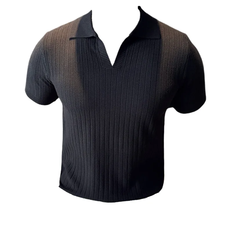 2024 Summer New Striped V-neck Knitted Polo Shirts Fashion Men‘s Short Sleeved Thin Breathable Casual Social T-shirt 4XL-M