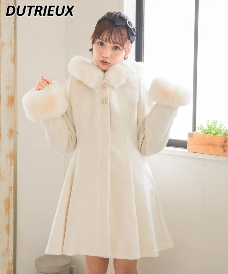 Japanese Style Rojita Big Bow Woolen Hooded Coat Winter Elegant Sweet Solid Color Thickened Mid-length Coat Overcoat for Women