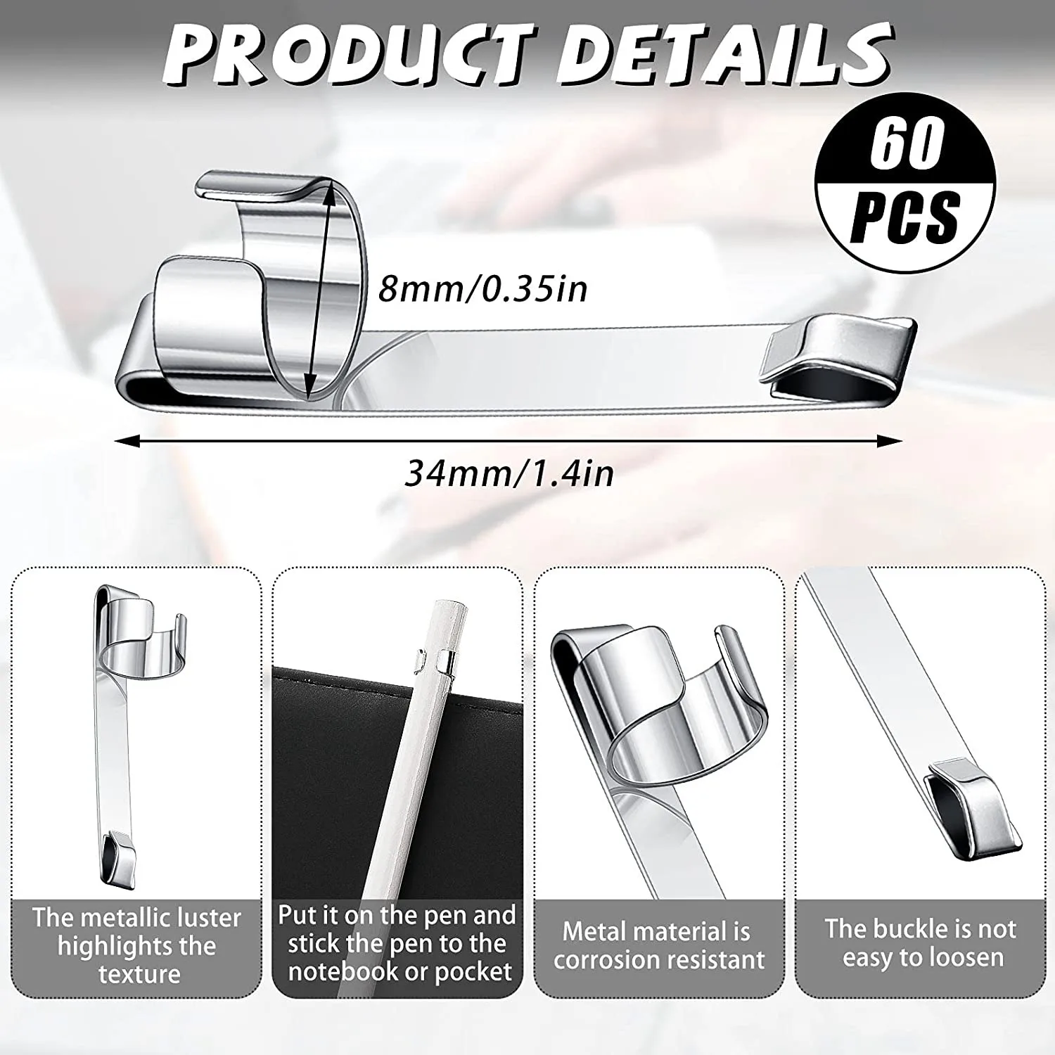 High-end Metal Pencil Clips Slide on Pencil Pocket Clips Snap in, Pencil Holder Clip Metal Hangable Portable Pencil Clips, 60 Pc
