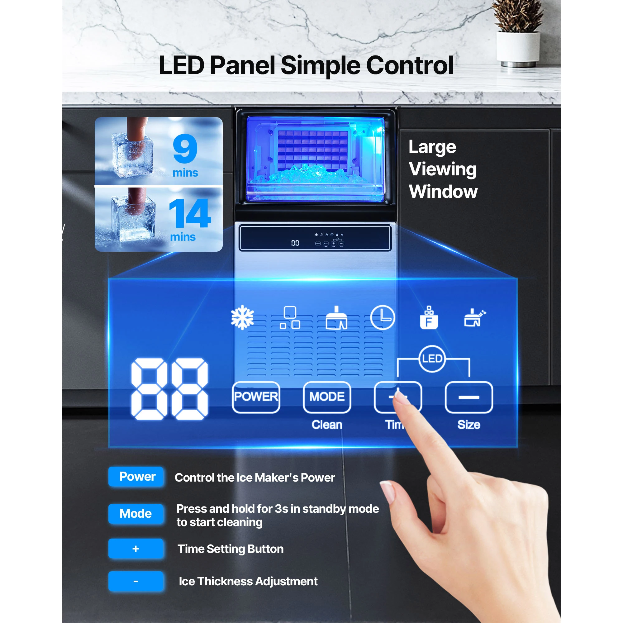 เครื่องทำน้ำแข็งเชิงพาณิชย์ SucceBuy ขนาด 130 ปอนด์/24 ชั่วโมง พร้อมที่เก็บน้ำแข็ง 33 ปอนด์ ผลิตน้ำแข็งได้ 45 ก้อนต่อรอบ ทำจากสแตนเลส แบบตั้งพื้น สำหรับใช้ในบ้าน