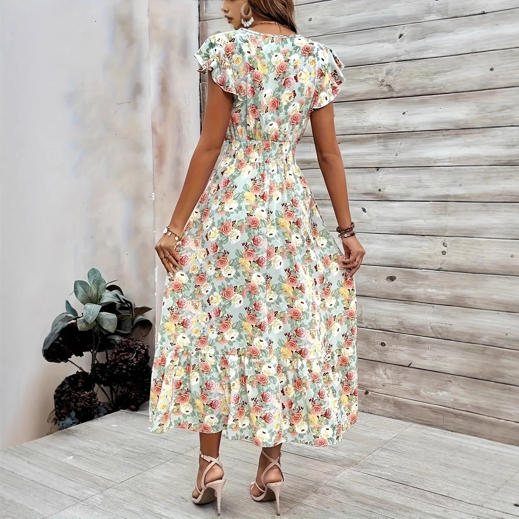

Women's Summer New Fashion Elegant Floral Print V-Neck Short Sleeve Waist-Cinching Dress