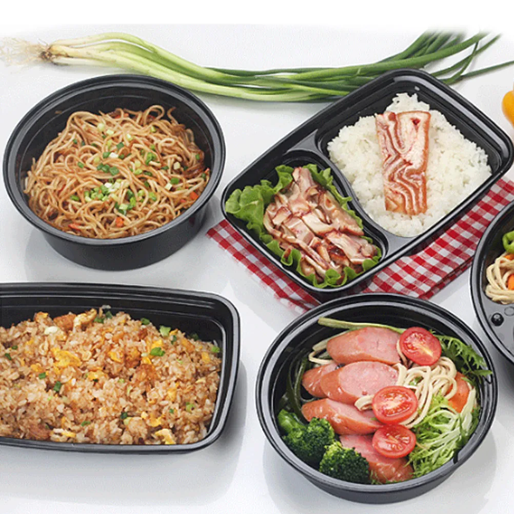 10Pcs Black Round Disposable Plastic Food Storage Containers Microwave Freezer Safe Meal Prep Take Out Box Meal Prep Containers