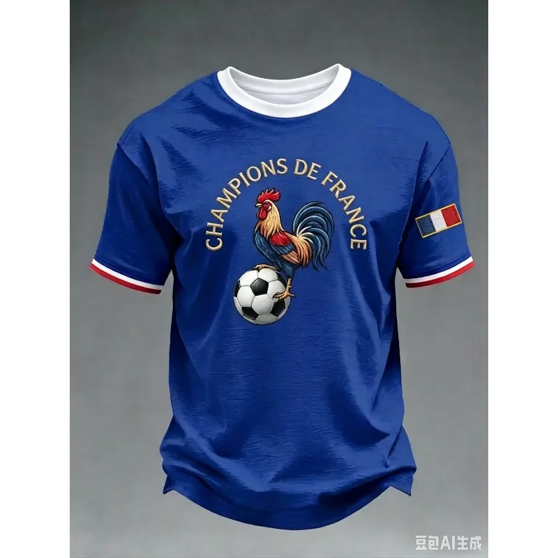 Men's France National Football Team T-Shirt, 3D Printed Classic Blue Tee with Gallic Rooster Graphic
