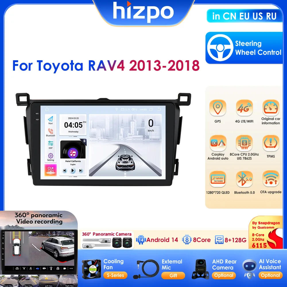 Car Radio Snapdragon 6115 CarPlay GPS Multimedia Video Playrer Android Auto For Toyota RAV4 2013 2014 2015 2016 2017 2018 OBD 4G
