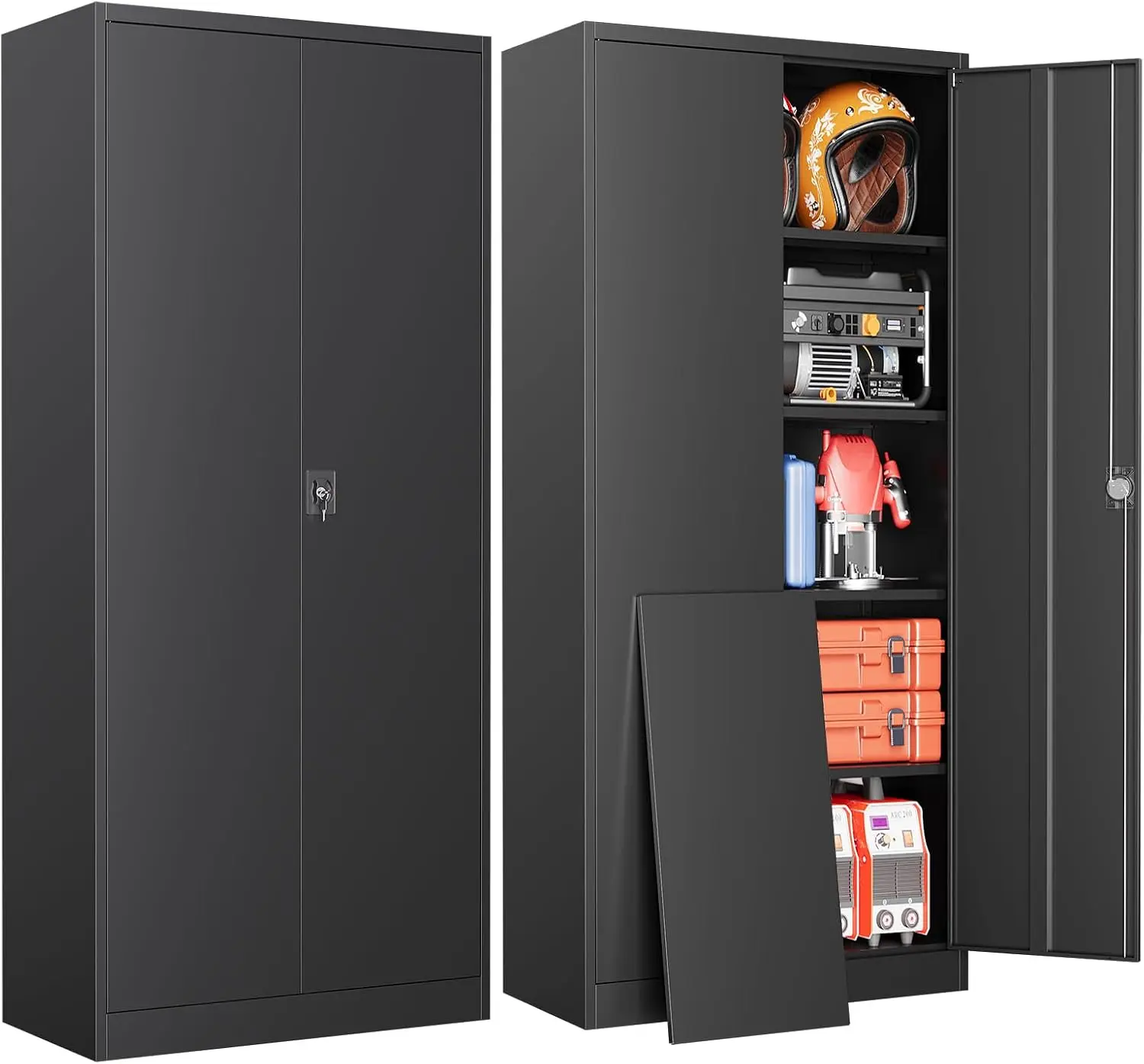 Metal Garage Storage Cabinet With Lock, Tall Rolling Tool Cabinet With Two Doors And Four Adjustable Shelves, Lockable Heavy Duty Steel Organizer Utility Locker For Home Office Warehouse, Black