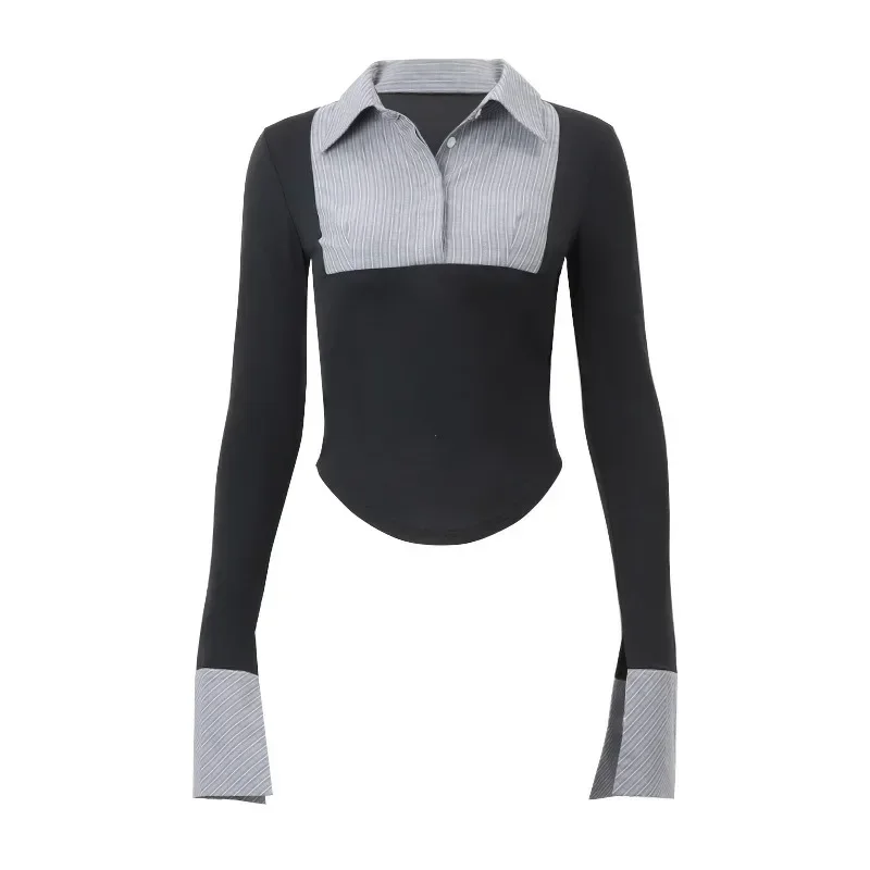 Official Ladies Stripe Print Patchwork Shirts Fashion Polo-neck Button Skinny Crop Tops Autumn New 2024 Elegant Shirts