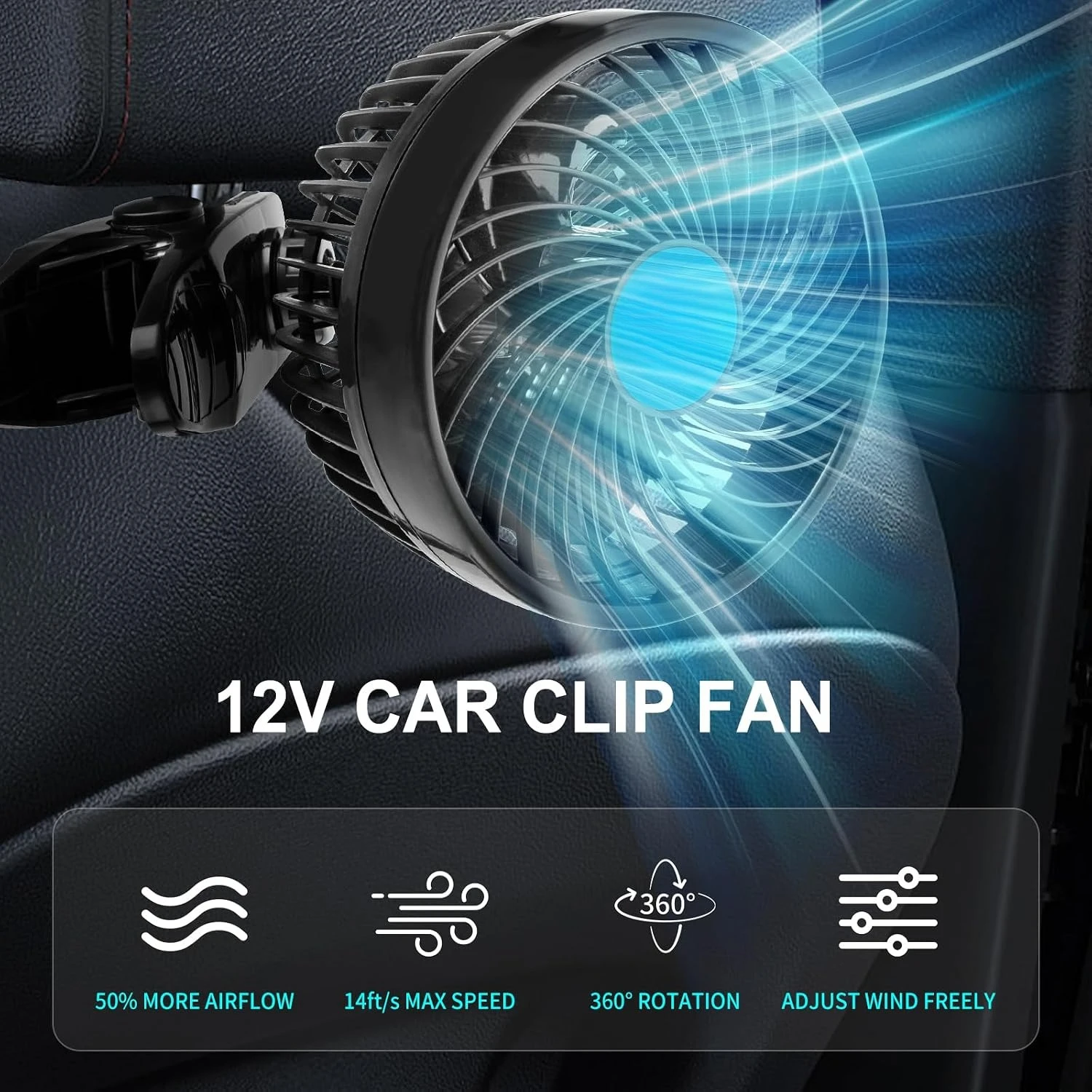 2026 New Upgrade  12V 6'' Car Fan, Clip Fan 360 Degree Rotatable Car Fan Cooling Air Fan With Stepless Speed Regulation