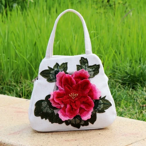 Imagen 2 del producto Bolso de flores bordado de estilo étnico, bolso informal de lona, bolso de mano bordado con flores tridimensionales