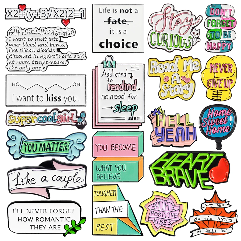 Cartoon Letter Enamel Pin Math Formula Lapel Pin Medical Record Never Give Up Glove Hello Note Capsule Text Metal Badge Jewelry