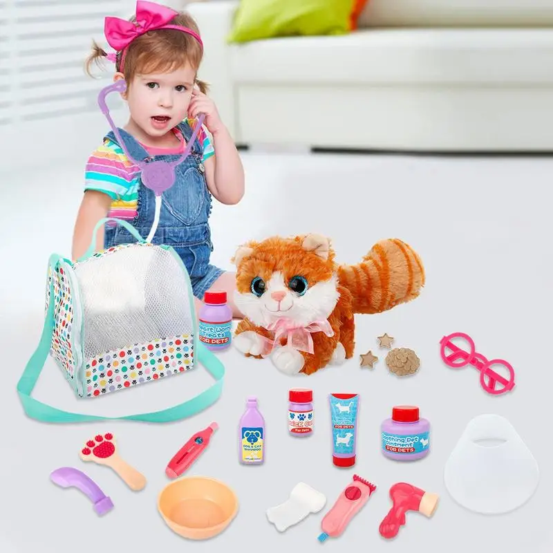 Pet Care Play Set para Crianças, Kit Médico, Pretend Play Vet, Cat Grooming Toys, Puppy Dog Carrier, Feeding Cat Backpack