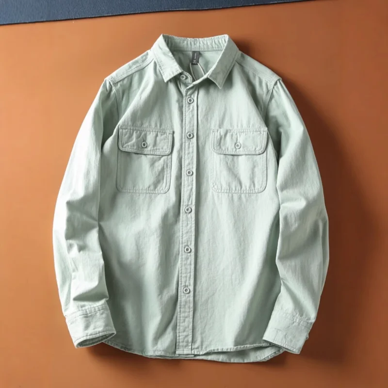 Spring and Autumn New Double Pocket Shirt for Men, Washed and Matted Long Sleeve Japanese Retro Loose All Match Top