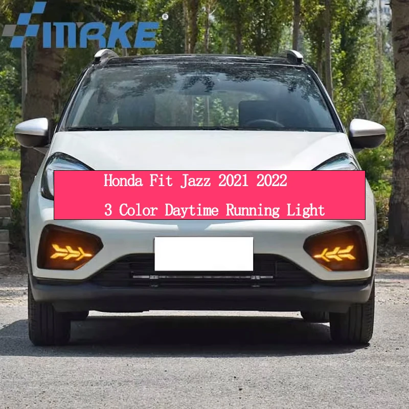 

2 Pcs DRL For Honda Jazz Fit 2021 2022 Car accessories DRL fog lamp cover Daytime Running Lights with turn signal 12V Daylight