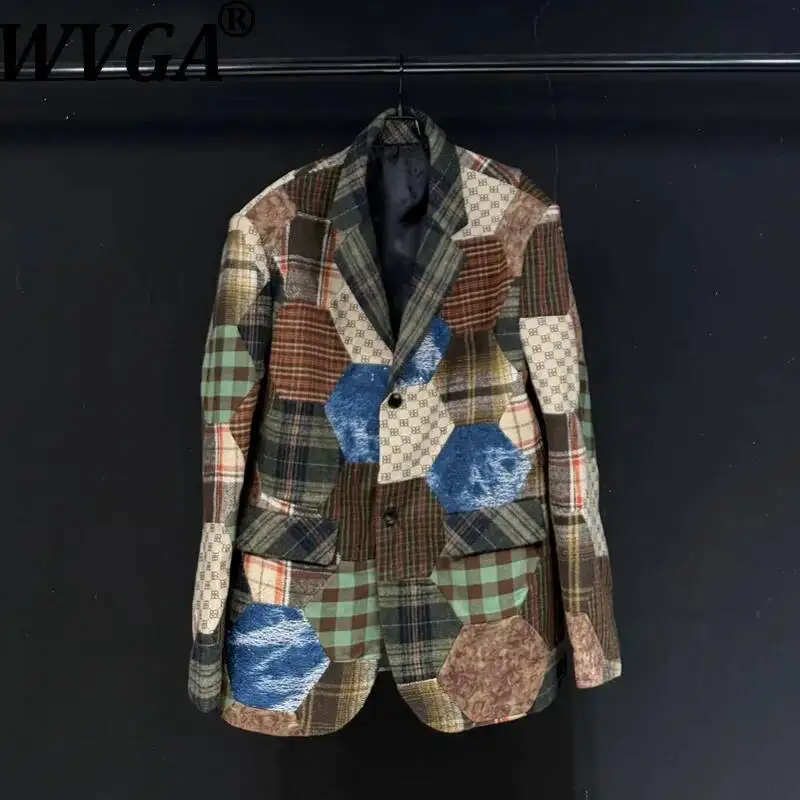 

WVGA Spring Autumn New Man Retro Patchwork Style Houndstooth Trendy Blazer Niche Chic Casual Turn-Down Collar Jackets Ins W22764